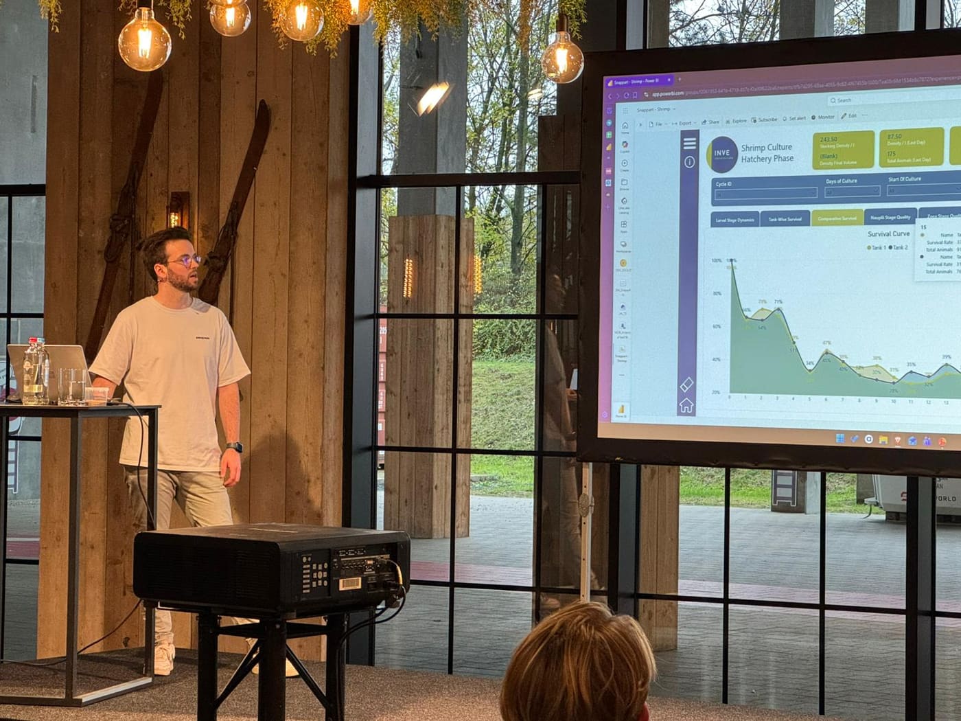 A speaker presenting Power BI dashboards at Fabric Winterfest, held at SnowWorld Antwerpen